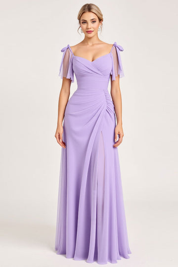 Robe de demoiselle d’honneur longue en mousseline de soie lilas avec fente